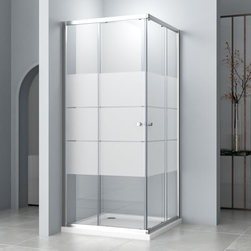 Hopibath Duschkabine 80x80cm Duschkabine Schiebetür, Milchglas Eckeinstieg Duschkabine Duschabtrennung 6mm ESG Milchglas Streifen Duschwand Höhe 185cm(Ohne Duschwanne) von Hopibath