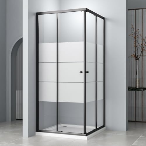 Hopibath Duschkabine 80x80cm Duschkabine Schiebetür, Milchglas Eckeinstieg Schwarz Duschkabine Duschabtrennung 6mm ESG Milchglas Streifen Duschwand Höhe 185cm(Ohne Duschwanne) von Hopibath