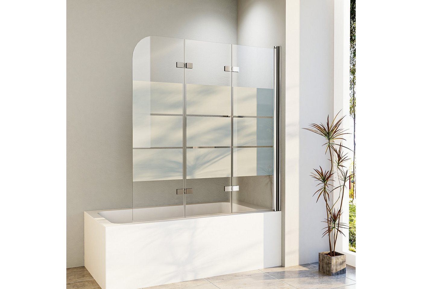 Hopibath Duschwand für Badewanne Glas Badewannenaufsatz milchglas, 6mm Sicherheitsglas, (3 teilig faltbar Chrom, 140x140, 130x140, 120x140cm), komplett klappbar, Verstellber Aluprofile von Hopibath