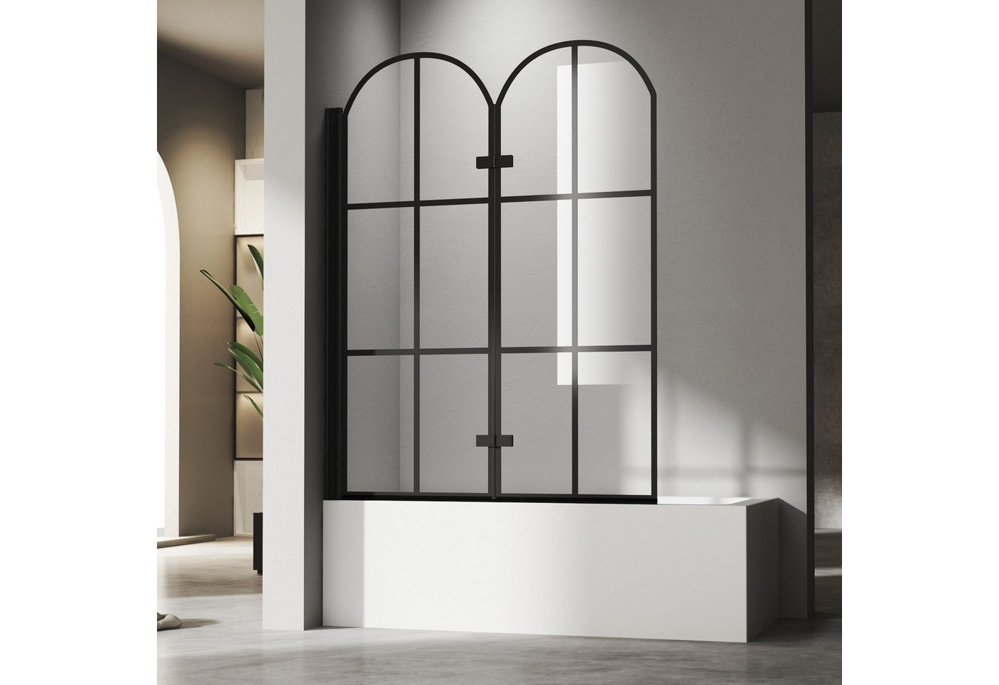 Hopibath Duschwand für Badewanne Schwarz Badewannenaufsatz 2 teilig 120x140cm, Sicherheitsglas mit Schwarzem Gitter, (Duschtrennwand), Links- oder Rechtsmontage von Hopibath