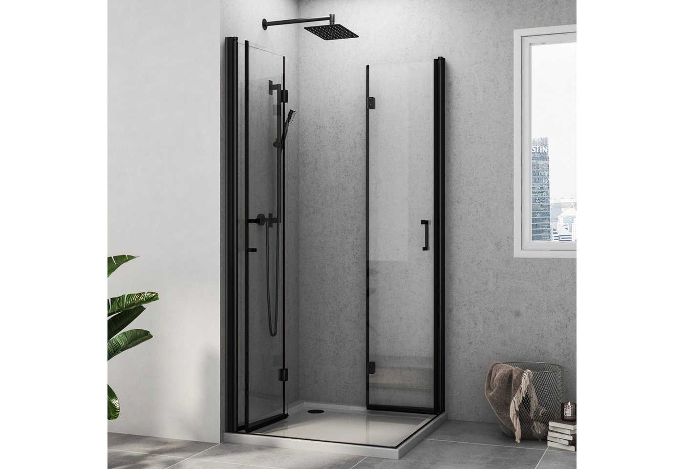 Hopibath Eckdusche Duschkabine Schwarz Chrom 100x90x195cm 90x100x195cm 180º faltbar, BxT: 90x100 cm, 5mm Nano Glas, Doppelt Falttür Eckeinstieg, (98,5,-99,5)x(88,5,-89,5)x195cm, mit Magnetverschluss, Alu-Bodenleiste, Duschdichtung von Hopibath