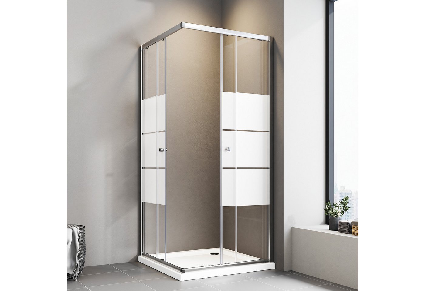 Hopibath Eckdusche Duschkabine milchglas 75x75 H:185cm, BxT: 75x75 cm, 5mm Sicherheitsglas, Eckeinstieg, Doppel Schiebetür, Verstellber Aluprofile,Alurahmen von Hopibath