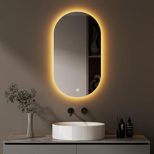 Hopibath LED Badspiegel Oval 90x50cm LED Spiegel Bad Runder Badezimmerspiegel mit Beleuchtung Wandspiegel Oval mit 3 Lichtfarbe Dimmbar Touchschalter von Hopibath
