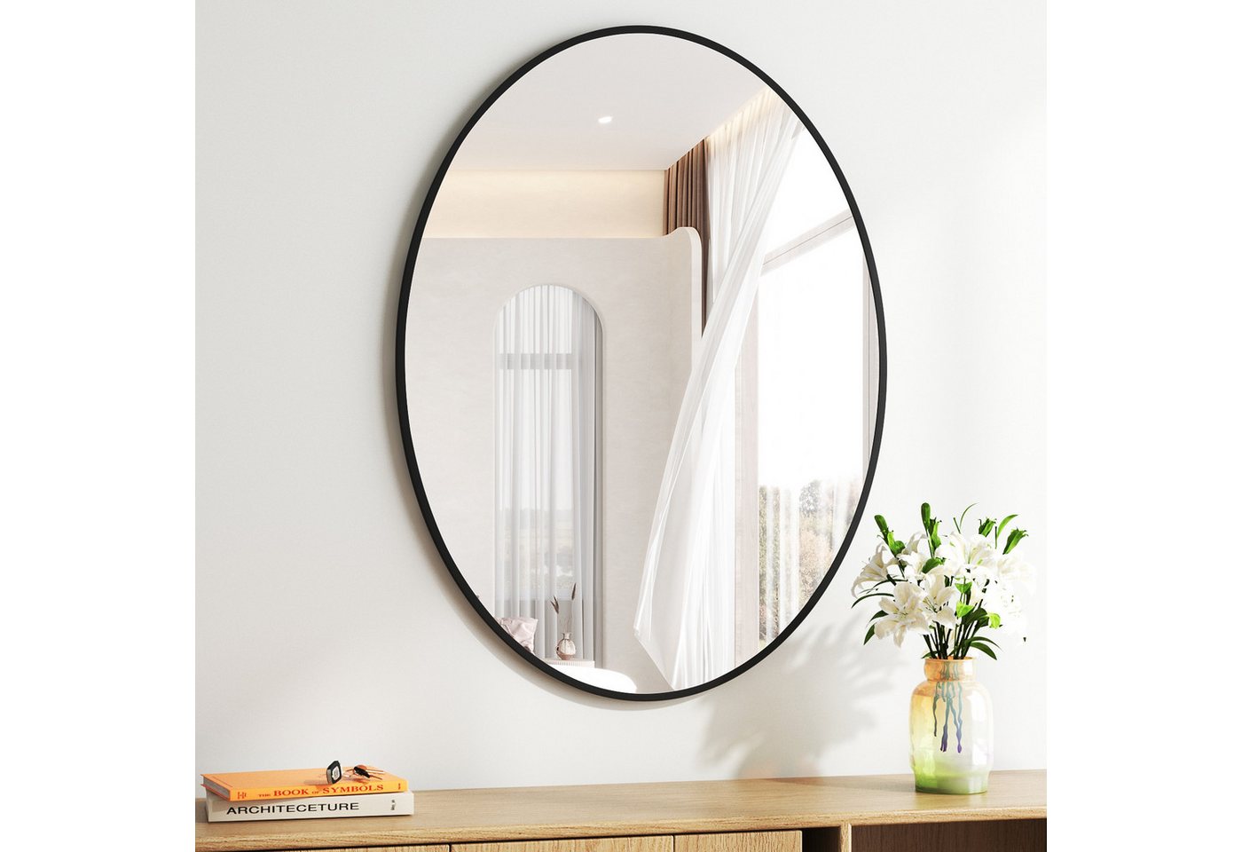 Hopibath Spiegel Flur Oval Flurspiegel Wandspiegel Schwarz (Dekospiegel, Metall Alu Rahmen, 5mm Bleifreier Spiegel), für Wohnzimmer Schlafzimmer Bad von Hopibath