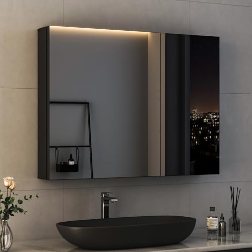 Hopibath Spiegelschrank 80 x 60 x 12,5cm Badezimmerschrank, Badezimmer Hängeschrank mit Innen Spiegel von Hopibath