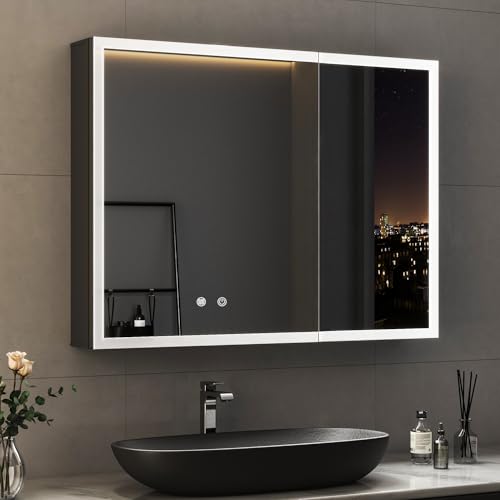 Hopibath Spiegelschrank Bad mit Beleuchtung Badezimmer 80 x 60 x 13 cm, Spiegelschrank mit Beleuchtung Metall LED Badezimmerschrank mit Dimmbar + Verstellbare Glasablage + Beschlagfrei von Hopibath