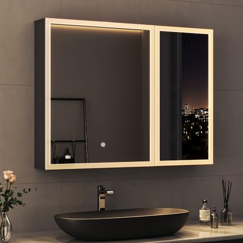 Hopibath Spiegelschrank Bad mit Beleuchtung LED Badezimmerschrank 80x60x13cm, Spiegelschrank schwarz mit Innen Spiegel und 3 Lichtfarbe Dimmbar von Hopibath