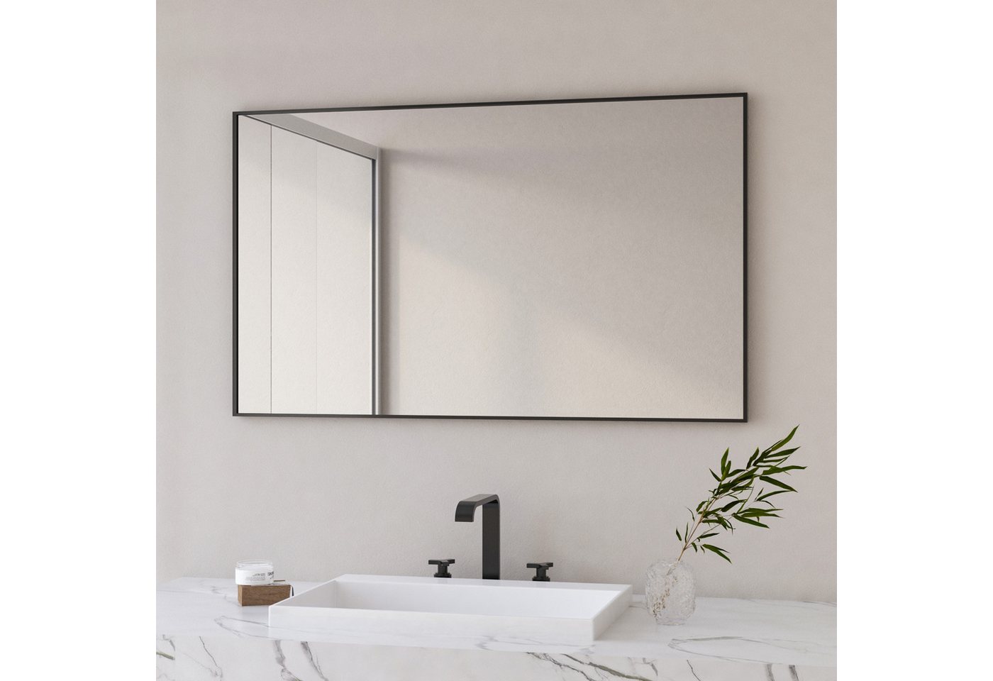 Hopibath Wandspiegel groß 100x60 eckig Schwarz mit Alurahmen (Spiegel, für Bad, Flur, Wohnzimmer, Schlafzimmer), 5mm HD Glas, mit explosionsgeschützte membran von Hopibath