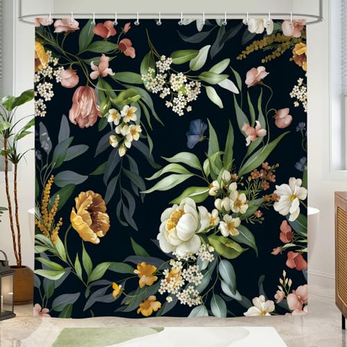 Hopomoon Artistic Floral Duschvorhang - Handgemalt Stil Badezimmer Dekor Wasserdicht Polyester Stoff 180x180cm Schwarz Vintage Design mit Natur inspiriertem Muster von Hopomoon