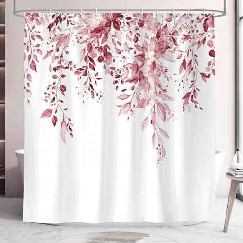 Hopomoon Duschvorhang Rosa mit Eukalyptus-Druck, Wasserdichtes, verstärktes Polyester 180x180 cm, Mit 12 Haken, Stilvolle Badezimmer Deko von Hopomoon