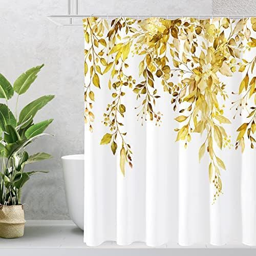 Hopomoon Duschvorhang-Set im nordischen Stil, mit Pflanzenblatt-Druck für Badezimmer, wasserdichter Polyesterstoff, Duschvorhang, 200 x 180 cm, Gelb von Hopomoon