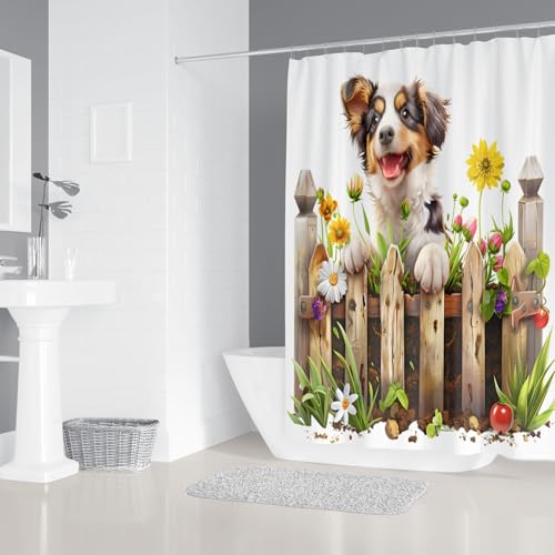 Hopomoon Duschvorhang-Set mit Blumen und Hunden, wasserdicht, Polyester, 200 x 180 cm, mit Haken von Hopomoon