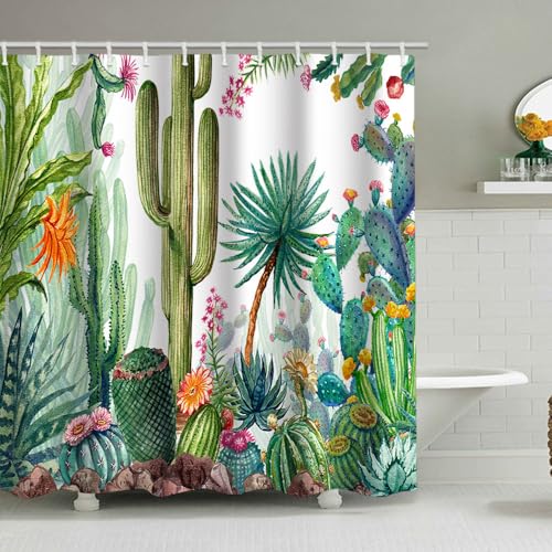 Hopomoon Duschvorhang Tropische Pflanzen Grün Blätter Blumen Kaktus Wasserdicht Polyester Stoff Badezimmer Vorhang 180x180cm von Hopomoon