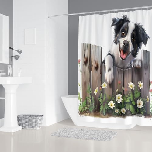 Hopomoon Duschvorhang mit Blumenmuster und Hund, für Badezimmer, wasserdichtes Polyester-Duschvorhang-Set mit Haken, 200 x 180 cm von Hopomoon