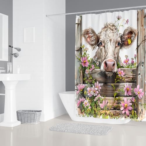Hopomoon Duschvorhang mit Kuhdruck und Blumen – wasserdichtes Polyester-Badezimmervorhang-Set, 180 x 180 cm von Hopomoon