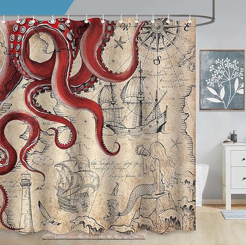 Hopomoon Duschvorhang mit Oktopus-Motiv, für Badezimmer, Retro, nautisches Design, wasserdichter und widerstandsfähiger Duschvorhang aus Polyestergewebe, 200 x 180 cm, mit 12 Haken von Hopomoon