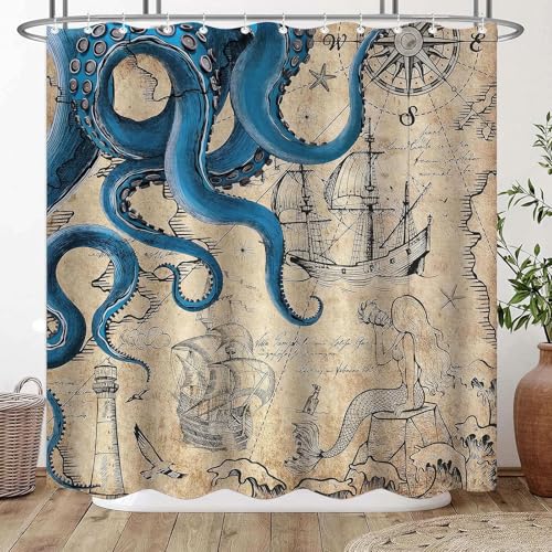 Hopomoon Octopus Themed Duschvorhang Retro Nautisch Wasserdicht Duschvorhang für Badezimmer Trennwand 180x180cm von Hopomoon