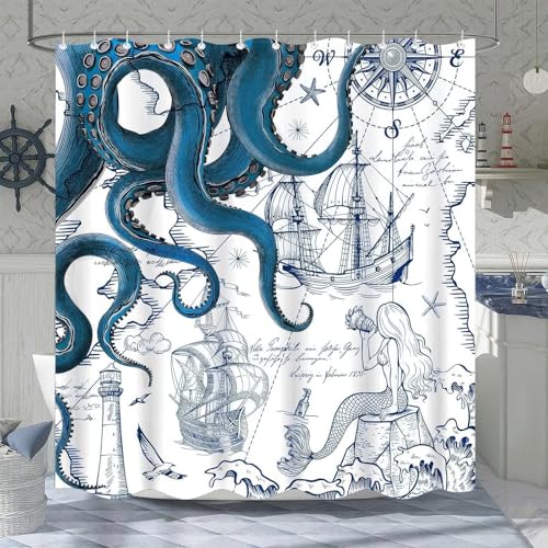 Hopomoon Oktopus Themed Duschvorhang - Retro Nautischer Stil Wasserdicht und Feuchtigkeitsbeständig Badezimmer Vorhang mit Sichtschutz Trennwand in Grün 180x180cm Hopomoon Oktopus Themed Duschvorhang - Retro Nautischer Stil Wasserdicht und Feuchtigkeitsbeständig Badezimmer Vorhang mit Sichtschutz Trennwand in Grün 180x180cm von Hopomoon