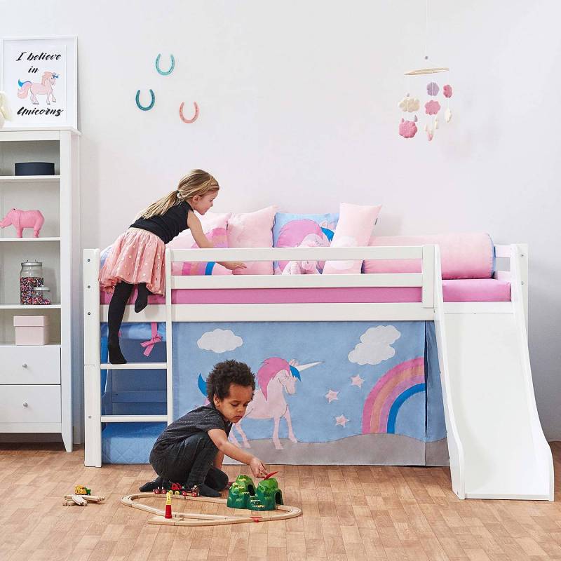 home24 Halbhochbett Unicorn II 90 x 200cm Pink/Blau mit Rutsche ohne Matratze von home24