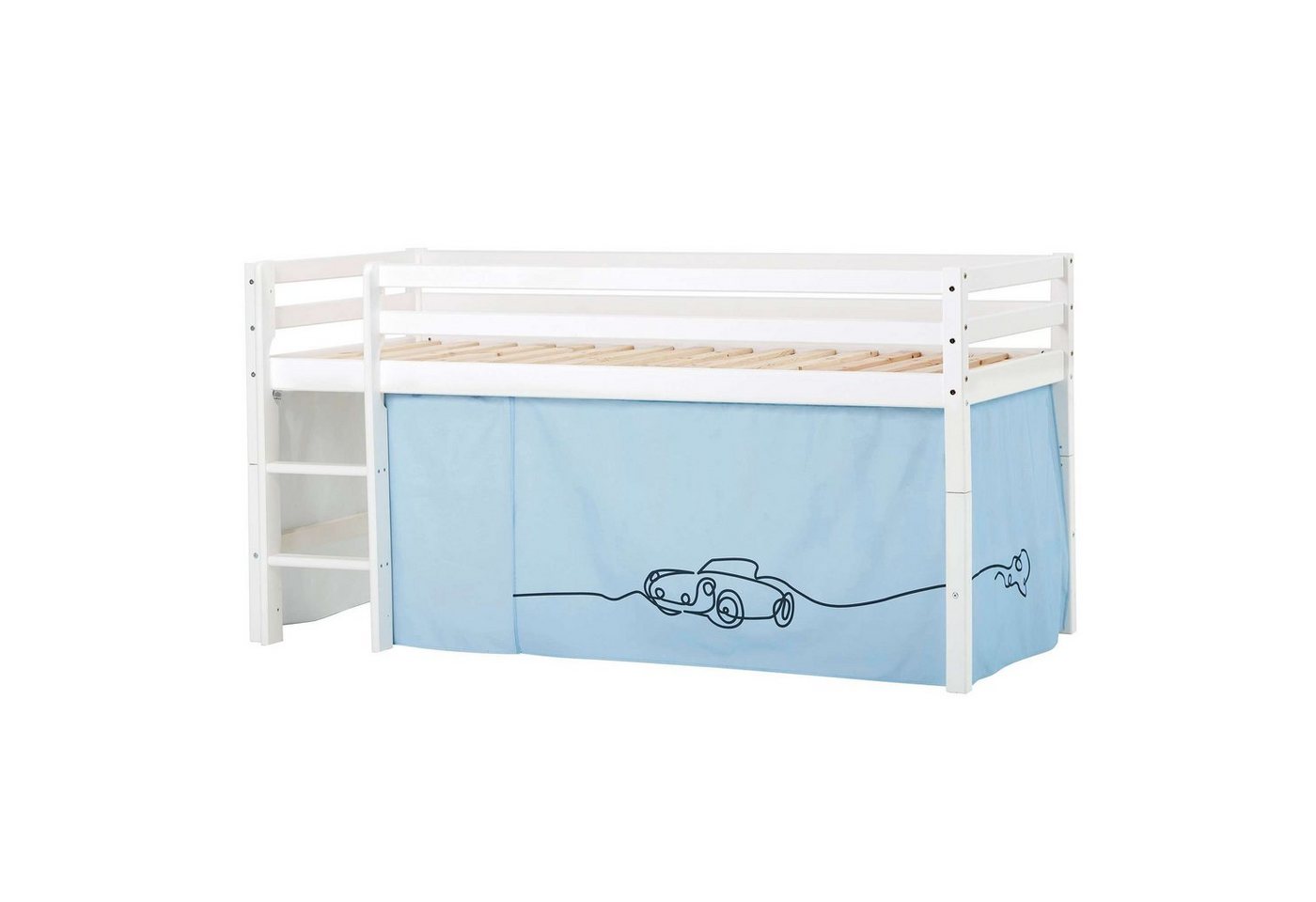 Hoppekids Hochbett ECO Dream, Kinderbett, Spielbett, Halbhohes Bett aus Massivholz inkl. Vorhang-Set Auto Blau, Bettgröße & Matratze wählbar von Hoppekids