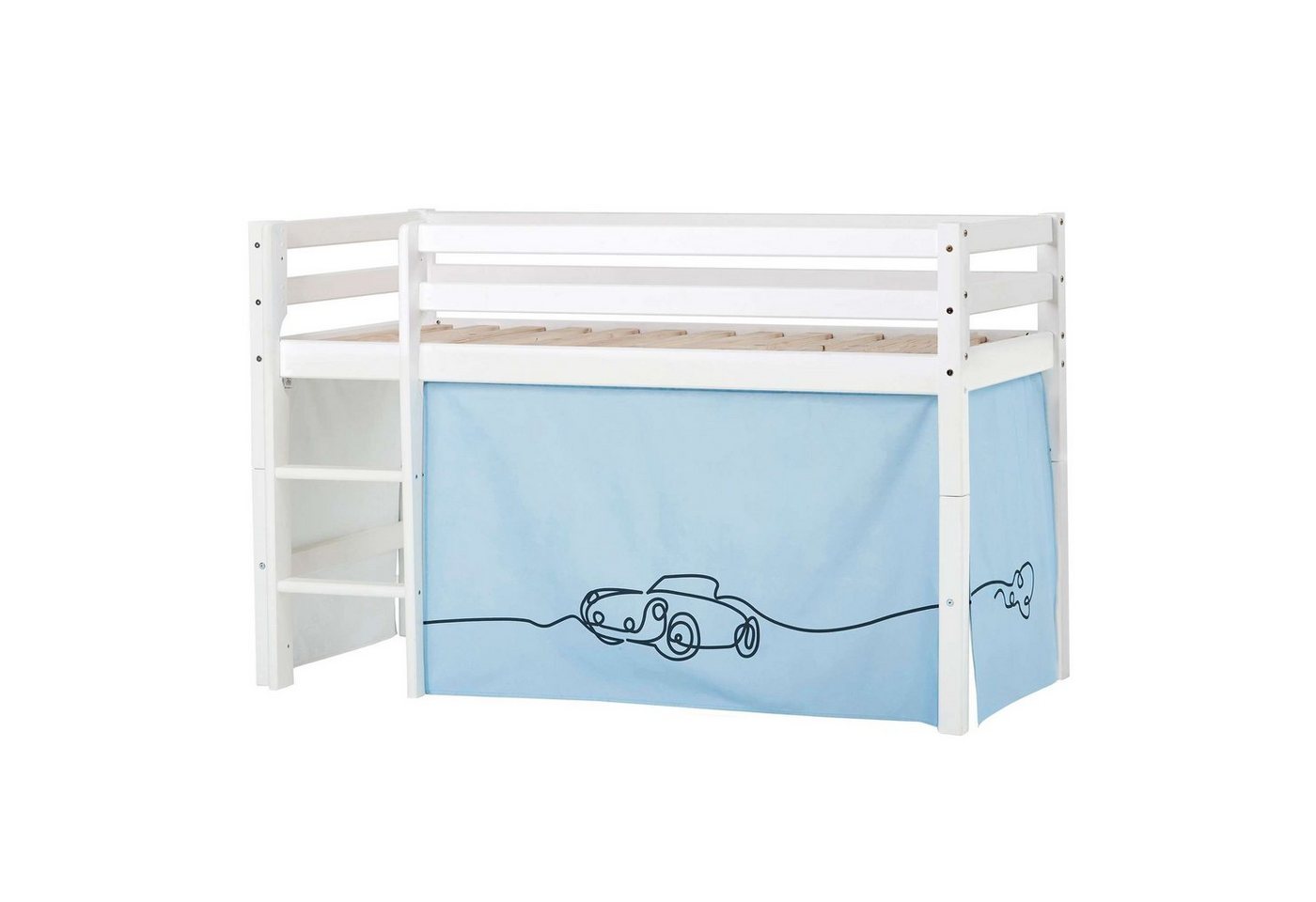 Hoppekids Hochbett ECO Dream, Kinderbett, Spielbett, Halbhohes Bett aus Massivholz inkl. Vorhang-Set Auto Blau, Bettgröße & Matratze wählbar von Hoppekids