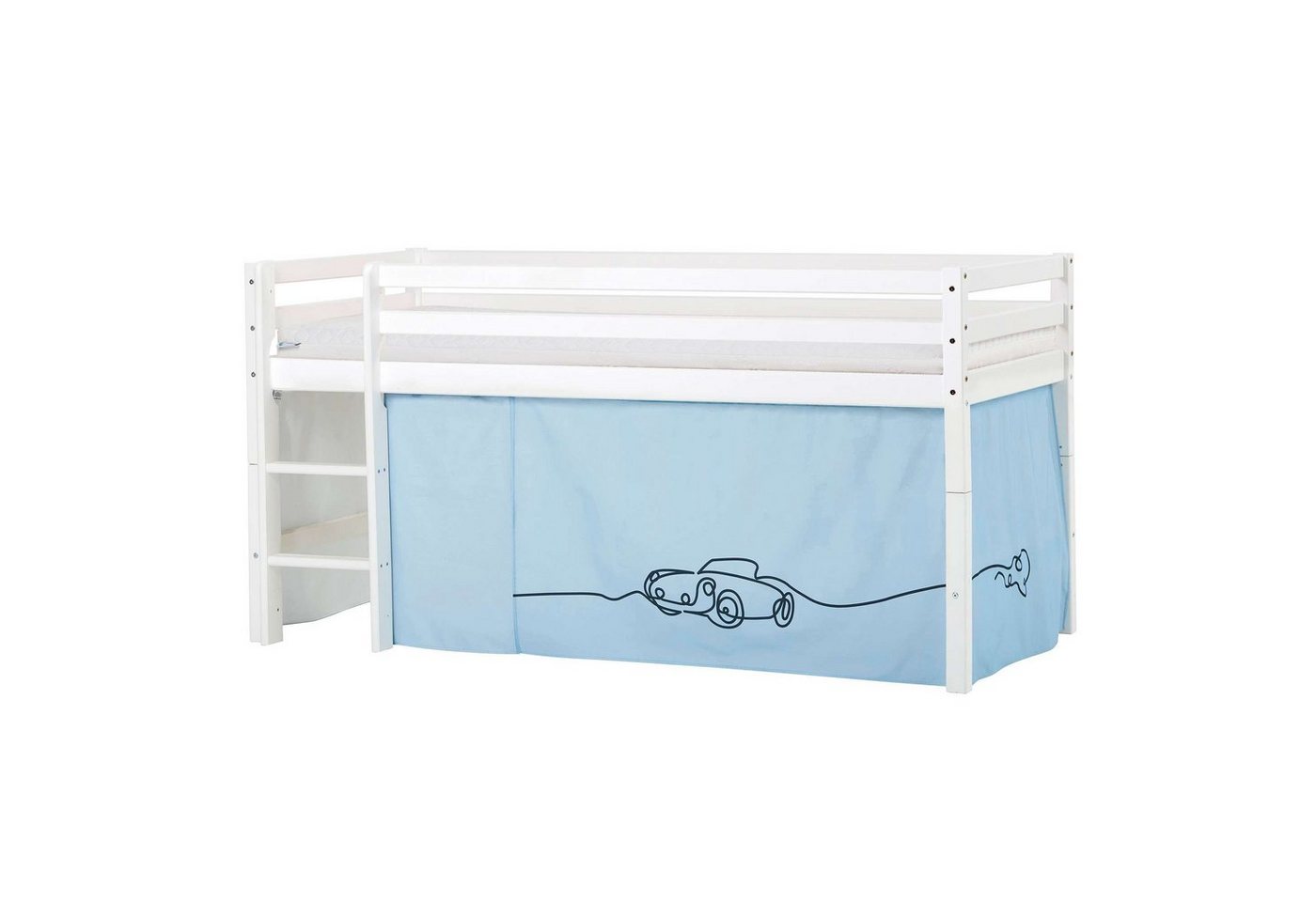 Hoppekids Hochbett ECO Dream, Kinderbett, Spielbett, Halbhohes Bett aus Massivholz inkl. Vorhang-Set Auto Blau, Bettgröße & Matratze wählbar von Hoppekids