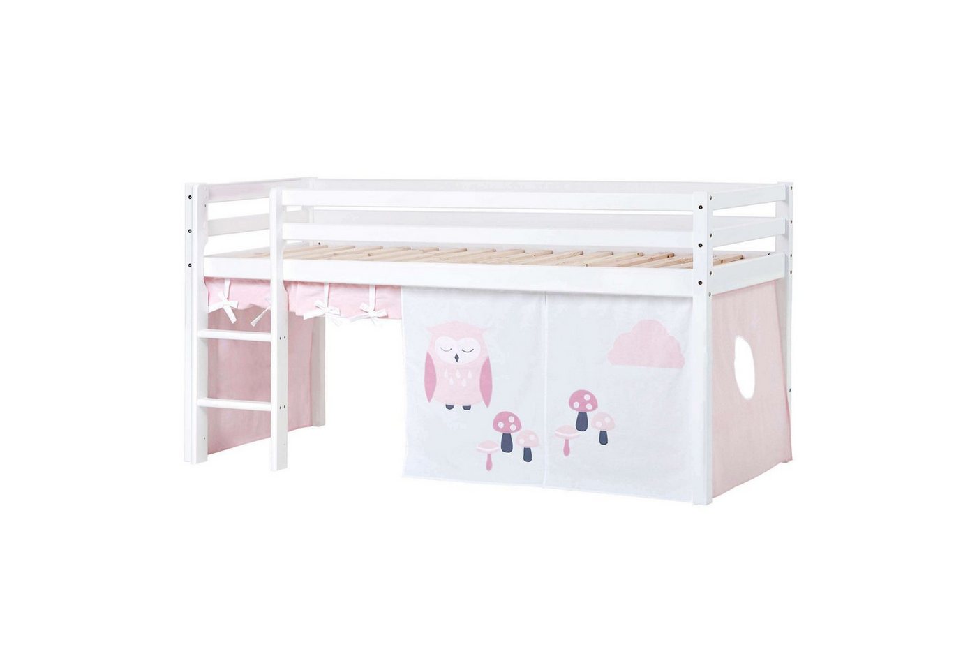 Hoppekids Hochbett ECO Dream, Kinderbett, Spielbett, Halbhohes Bett aus Massivholz inkl. Vorhang-Set Eule Rosa Rot, Bettgröße & Matratze wählbar von Hoppekids