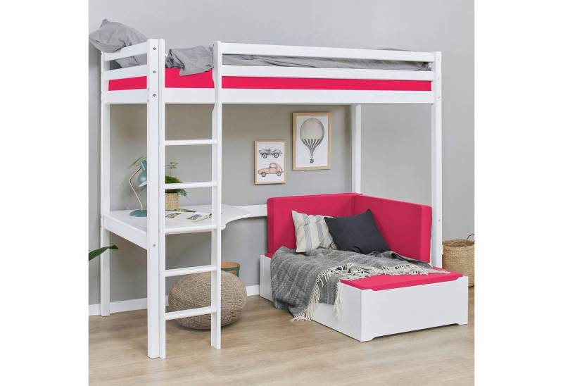 Hoppekids Hochbett ECO Dream 90x200 mit Schreibtisch & Loungesofa / Gästebett Kinderbett aus Massivholz, Sofa ausziehbar zum Gästebett von Hoppekids