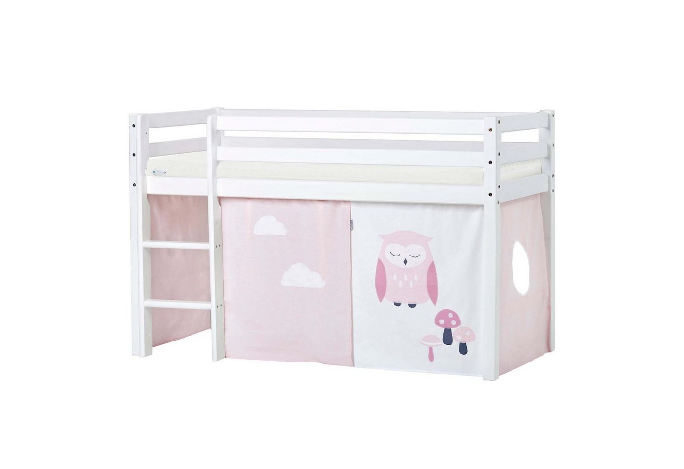 Hoppekids Hochbett ECO Dream, Kinderbett, Spielbett, Halbhohes Bett aus Massivholz inkl. Vorhang-Set Eule Rosa Rot, Bettgröße & Matratze wählbar von Hoppekids