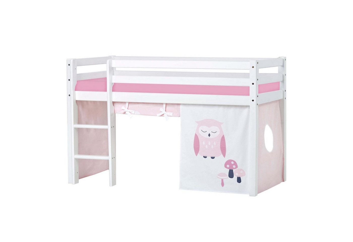 Hoppekids Hochbett ECO Dream, Kinderbett, Spielbett, Halbhohes Bett aus Massivholz inkl. Vorhang-Set Eule Rosa Rot, Bettgröße & Matratze wählbar von Hoppekids