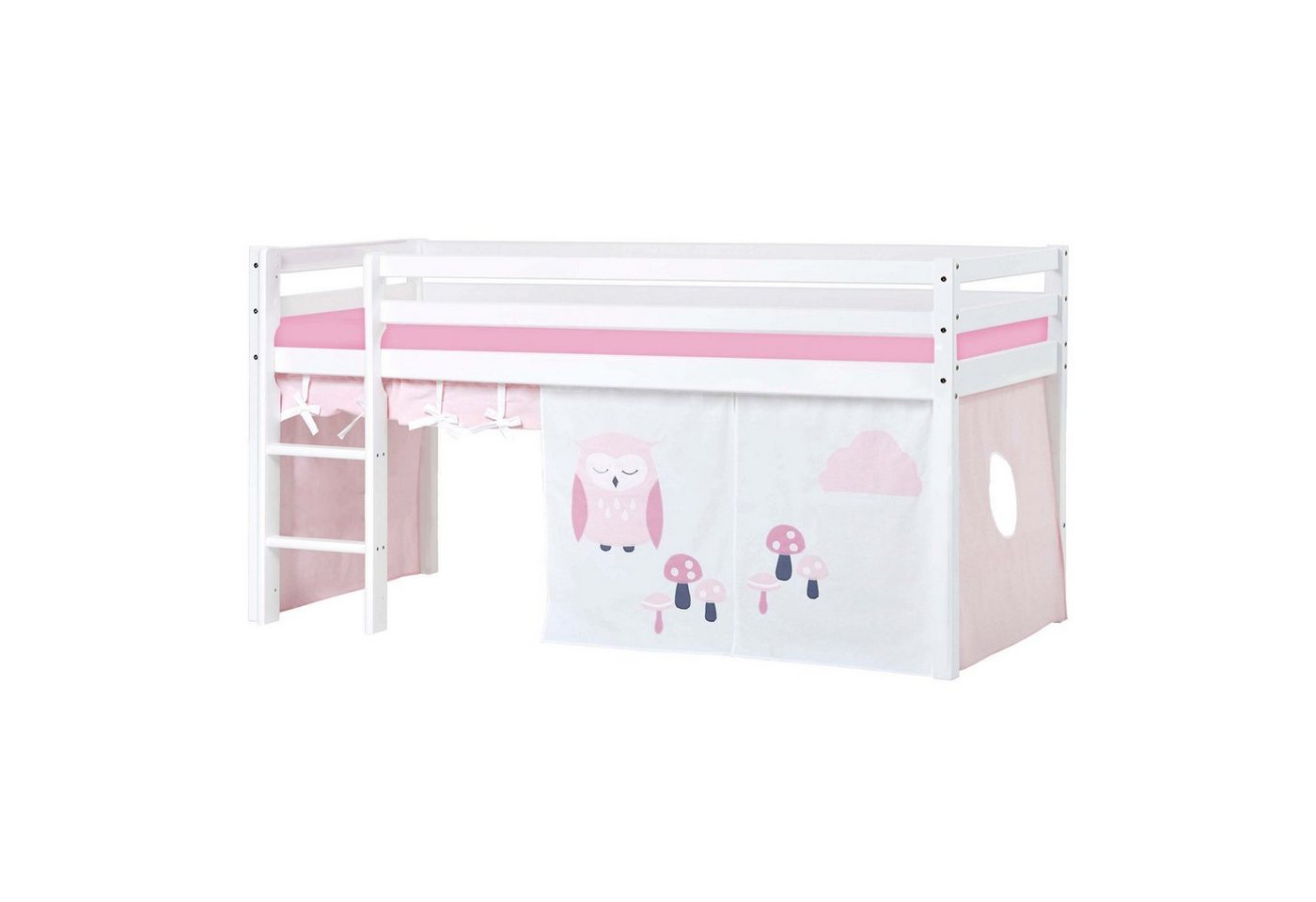 Hoppekids Hochbett ECO Dream, Kinderbett, Spielbett, Halbhohes Bett aus Massivholz inkl. Vorhang-Set Eule Rosa Rot, Bettgröße & Matratze wählbar von Hoppekids