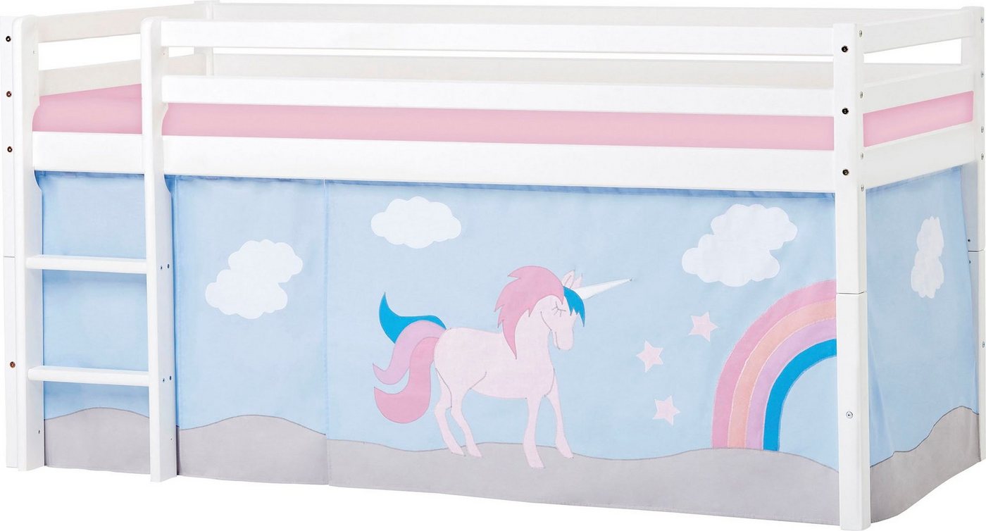 Hoppekids Hochbett «Einhorn» mit Vorhang & Matratze 2 Größen umbaubar von Hoppekids