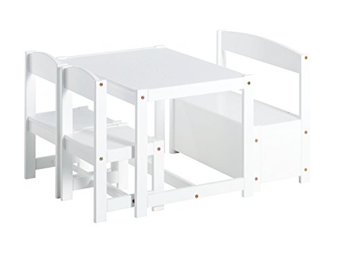 Hoppekids Mathilde Kindersitzgruppe mit 1 Kindertisch, 2 Kinderstühle und 1 Bank teilmassiv sehr stabil, Holz, weiß , 64 x 74 x 56 cm von Hoppekids
