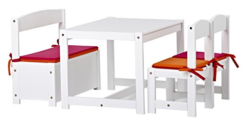 Hoppekids Mathilde Kindersitzgruppe mit Kissenset in rosa und orange mit 1 Kindertisch, 2 Kinderstühle und 1 Bank teilmassiv sehr stabil, Holz, weiß , 64 x 74 x 56 cm von Hoppekids