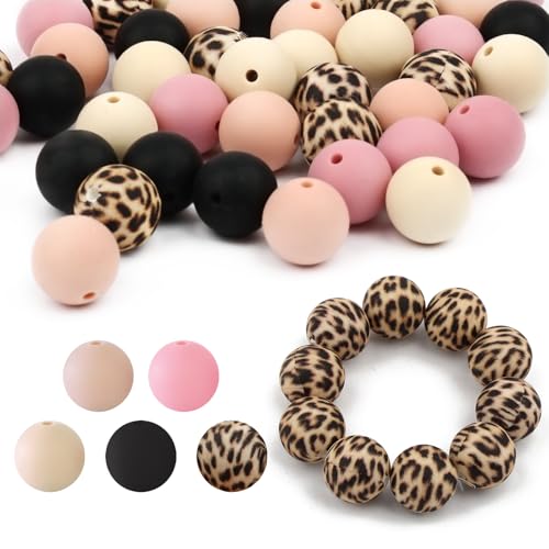 100 Stück Silikonperlen,15mm 5 Farben Silikon Perlen,Runde Perle zum Basteln,Bastelnperlen mit Loch für DIY Armbänder Stifte Schlüsselbund Handwerk Herstellung (Rosa-Schwarze) von Hopton