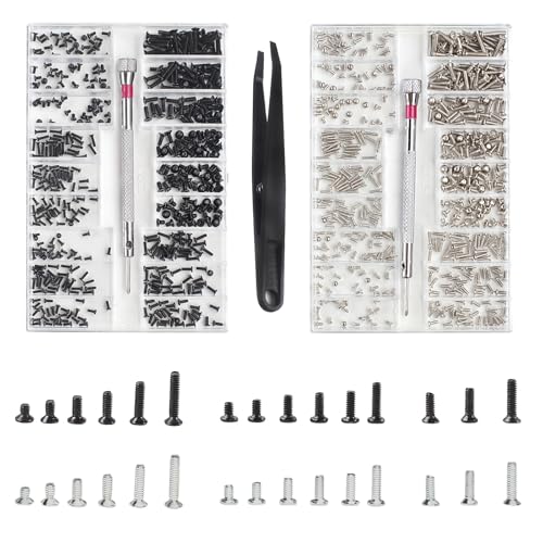 1000 Stück Kleine Schrauben Set, M1.2 M1.4 M2 Schrauben Sortiment Kit, 18 Größen PC Schrauben Set, Brillenschrauben Set mit Schraubendreher Pinzette, Mini Schrauben zur Uhren, Brillen, Computer von Hopton