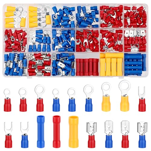 300 Stück Kabelschuhe set, Flachsteckhülsen Sortiment 0,5-6,0mm²， KFZ Quetschverbinder Set mit Isolierhülsen, Ringkabelschuhe Flachstecker Gabelkabelschuhe Set aus verzinnten messingeinsätzen von Hopton