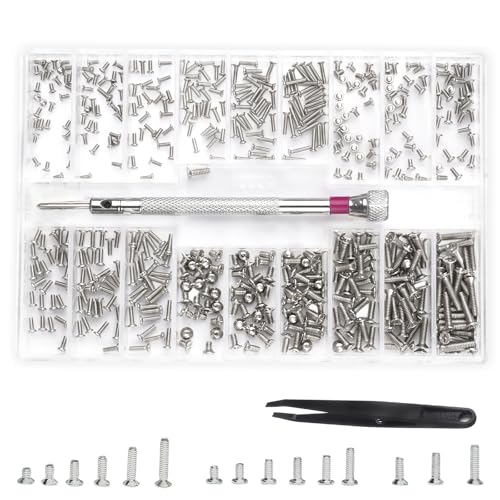 500 Stück Kleine Schrauben Set, M1.2 M1.4 M2 Schrauben Sortiment Kit, 18 Größen PC Schrauben Set,Brillenschrauben Set mit Schraubendreher Pinzette, Mini Schrauben zur Uhren, Brillen, Computer von Hopton