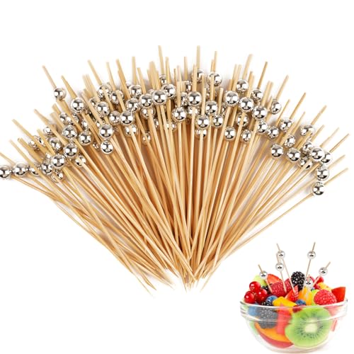 Cocktailspieße Set, 100 Stück Spiesse für Snacks Fingerfood, Holz Zahnstocher Partyspieße, Cocktail Sticks für Grillen, Antipasti, Obst, Süßigkeiten für Party Geschenk Fasching (Silber Perlen) von Hopton