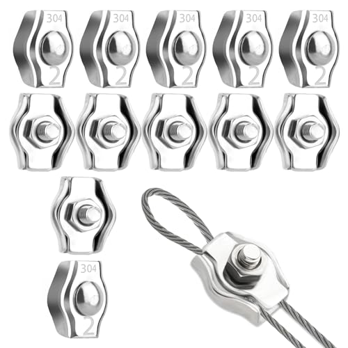 M2 Drahtseilklemme, 12 Stück Seilklemme, 304 Edelstahl Seilklemmen, Drahtklemme für 2mm Stahlseil Drahtseil Wäscheleinenspanner Markise Fixiert von Hopton