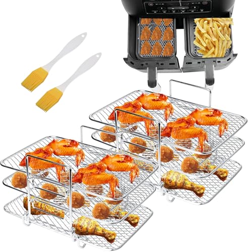 Air Fryer Rack Kompatibel mit Ninja DZ201 DZ401 PowerXL Doppelkorb Air Fritteusen Rack, 3-lagiges Rack Elektrische Fritteuse, 304 Edelstahl Toastgestell, Mehrschichtiges Grillgestell, 2 Ölbürsten (2 von Hoqqf
