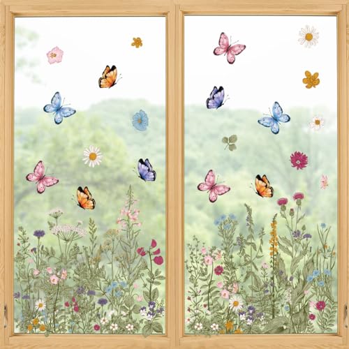 Horaldaily 60 Stück Frühling Aufkleber Klammern, Wildblumen Schmetterling floral Fensterabziehbild für Haus Party Laden Fenster Glas Anzeige Dekoration von Horaldaily