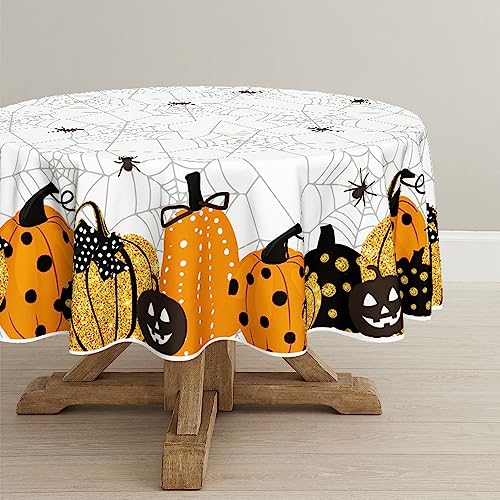 Horaldaily Halloween Tischwäsche 150x150 cm Rund, Jack-O-Lantern Spinnweben Beängstigend Thema Tischdecke für Party Picknick Abendessen Dekor von Horaldaily