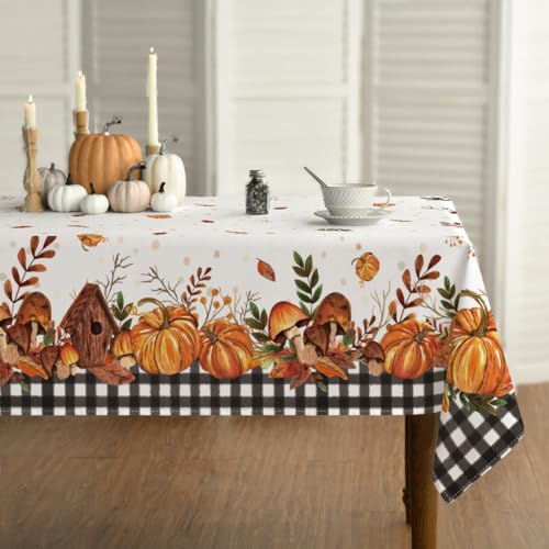 Horaldaily Herbst Tischwäsche 140x160 cm Rechteckig, Erntedankfest Herbsternte Kürbis Schwarze Karierte Tischdecke für Party Picknick Abendessen Dekor von Horaldaily