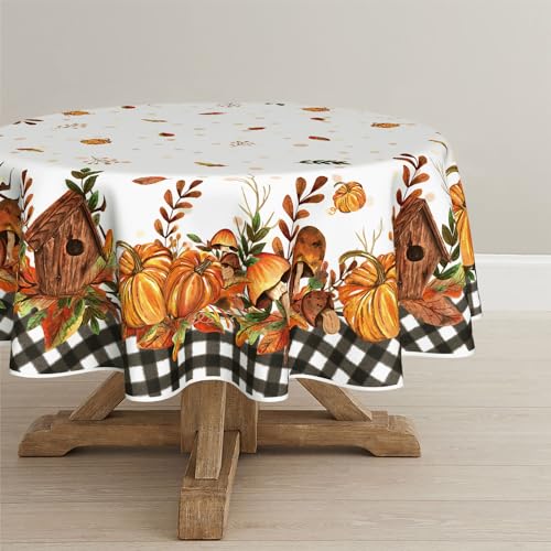 Horaldaily Herbst Tischwäsche 150x150 cm Rund, Erntedankfest Herbsternte Kürbis Schwarze Karierte Tischdecke für Party Picknick Abendessen Dekor von Horaldaily