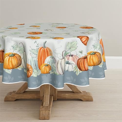 Horaldaily Herbst Tischwäsche 150x150 cm Rund, Erntedankfest Herbsternte Orange Weiß Kürbis Tischdecke für Party Picknick Abendessen Dekor von Horaldaily