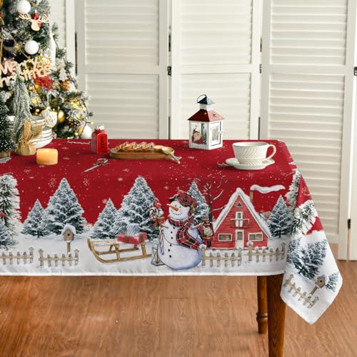 Horaldaily Weihnachten Tischwäsche 100x140 cm, Schnee Bäume Haus Rote Tischdecke für Party Picknick Abendessen Dekor von Horaldaily