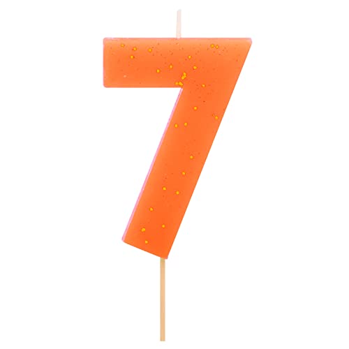 1 Stück Fluor Geburtstagskerze (Nummer 7) Orange mit goldenem Glitzereffekt 7,5 cm - Kuchendekoration für Geburtstag, Hochzeitstag, Abschlussfeier, Kuchenkerzen. von Horeca Collection