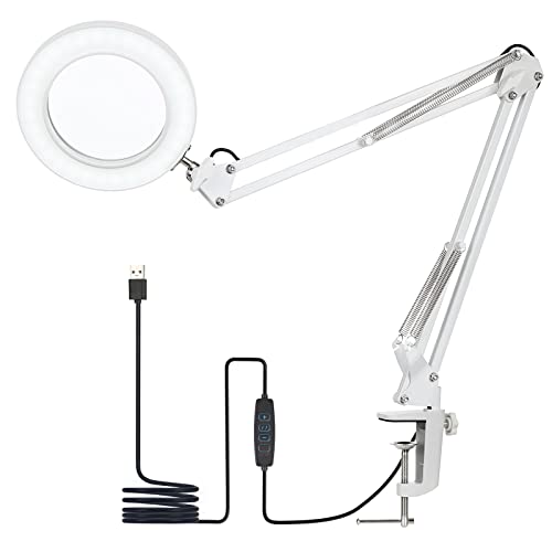Flexible Klemm-Tischlampe mit 8-facher Lupe, Schwenkarm, dimmbare LEDs, Schreibtischleuchte, 3 Farbmodi und 10 Helligkeitsstufen, Lese-, Arbeits- und Lernlicht von Horett
