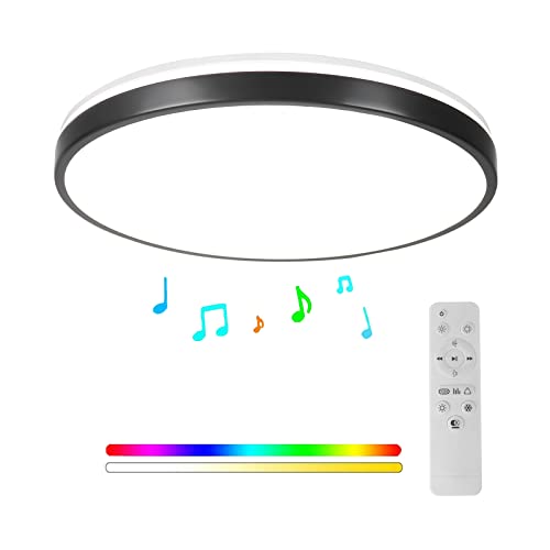 Horevo 24W Bluetooth Deckenleuchte mit Lautsprecher 30CM, Musik LED Deckenleuchte mit Schwarzer Lünette und Fernbedienung, Dimmbar RGB Farbwechsel für Kinderzimmer Badezimmer (Schwarz) von Horevo